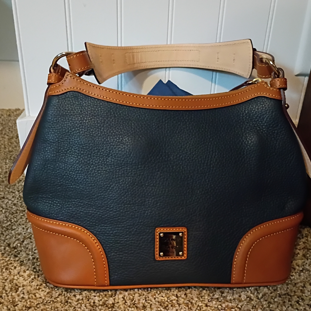 Dooney & Bourke Navy Blue and Tan Pebbled Leather Shoulder Bag